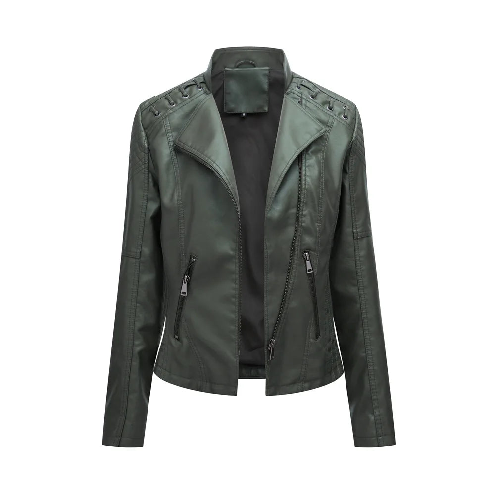 Giacca in Pelle da Donna Primavera/Autunno, Slim Fit, Stile Biker, Cappotto Corto in Ecopelle con Colletto Alto e Cerniera