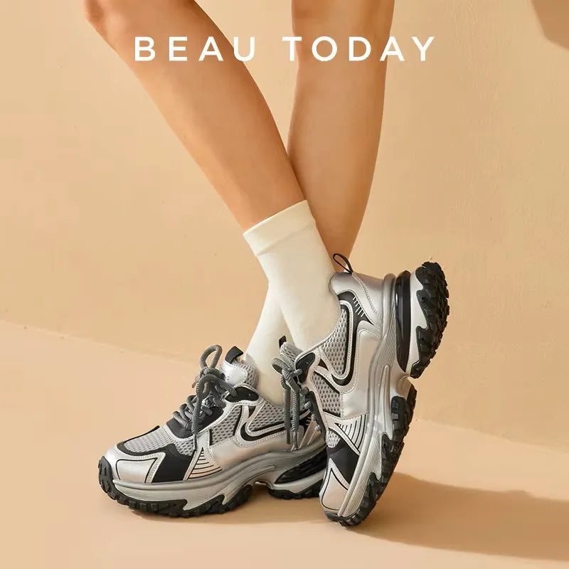 BEAUTODAY Chunky Sneakers Women Mesh Solid Color Patchwork Thick Sole Lace-up 2024 Spring Female Leisure Shoes Handmade 29A03