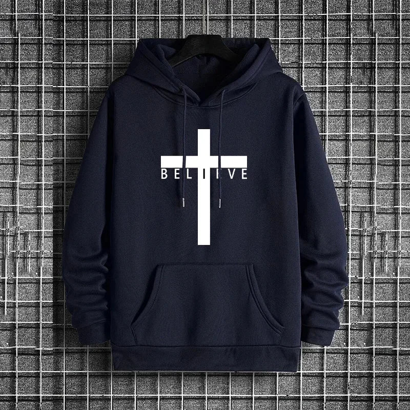 Felpa con Cappuccio da Uomo con Stampa Croce di Gesù, Moda Urbana Casual Streetwear, Trendy Autunno Inverno 2026