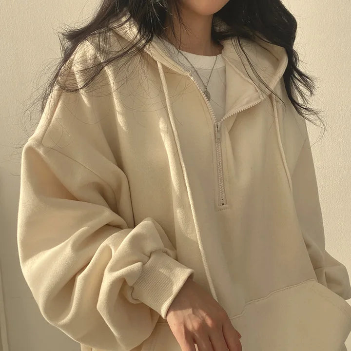 Felpa con cappuccio da donna Harajuku sciolto oversize tinta unita Top mezza Zip felpa donna Casual manica lunga tasca cappotti con cappuccio 2023
