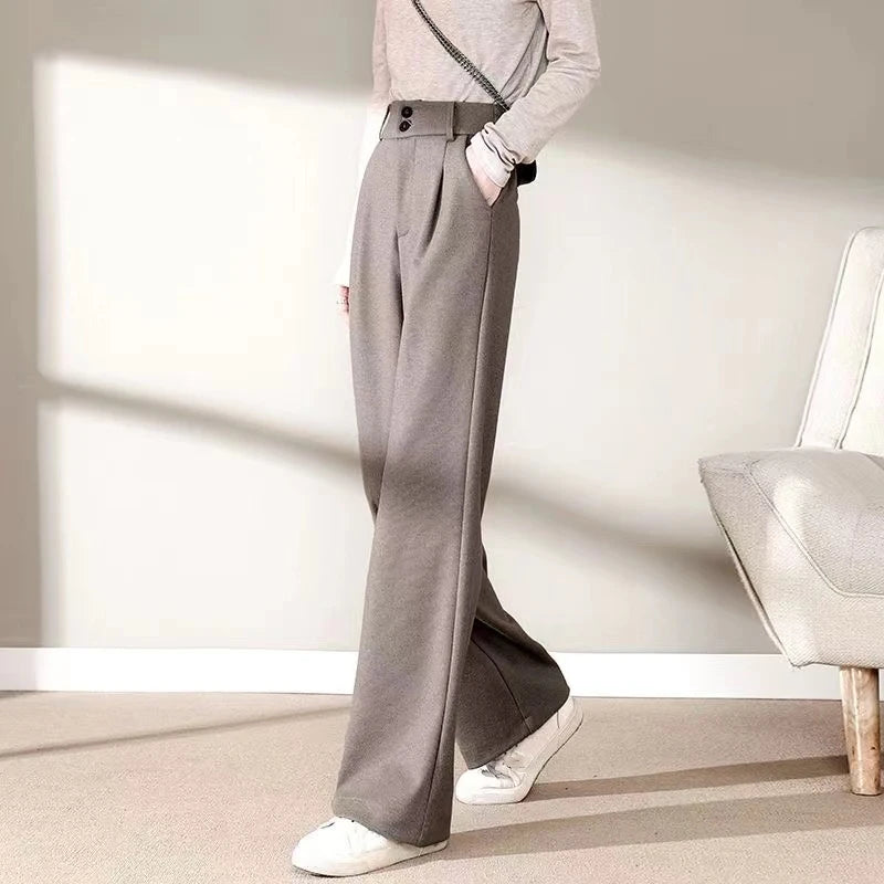 2024 Autunno Inverno Donna Pantaloni di lana concisi Lady Gamba larga Designer Pantaloni esterni Donna Addensare Pantaloni drappeggiati a vita alta