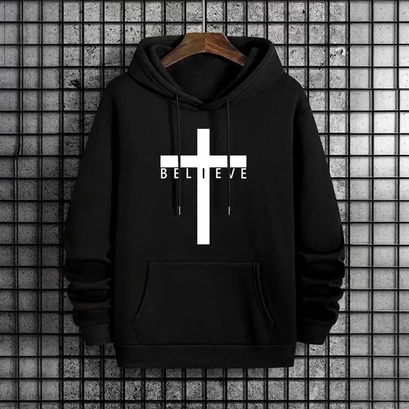 Felpa con Cappuccio da Uomo con Stampa Croce di Gesù, Moda Urbana Casual Streetwear, Trendy Autunno Inverno 2026