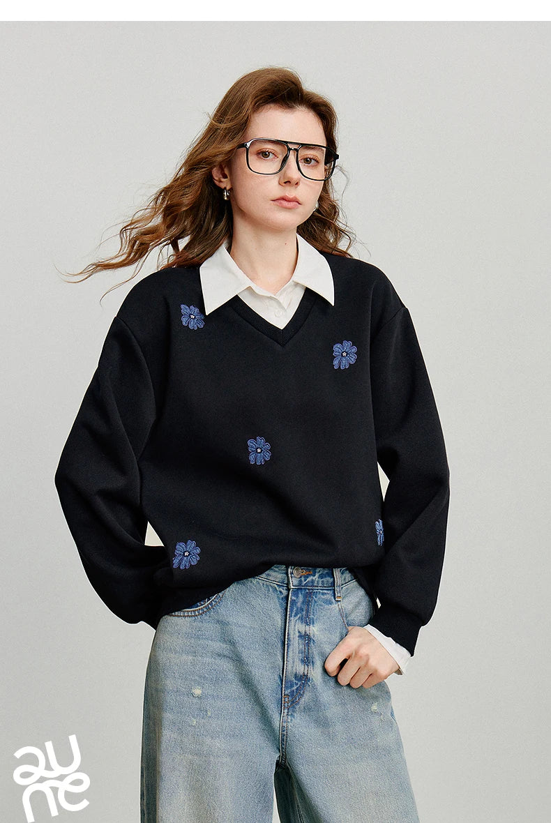 TOYOUTH Felpa da donna 2025 Autunno Nuovo Denim Fiore Ricamo Falso in due pezzi Splicing Colletto rovesciato Pullover casual in cotone