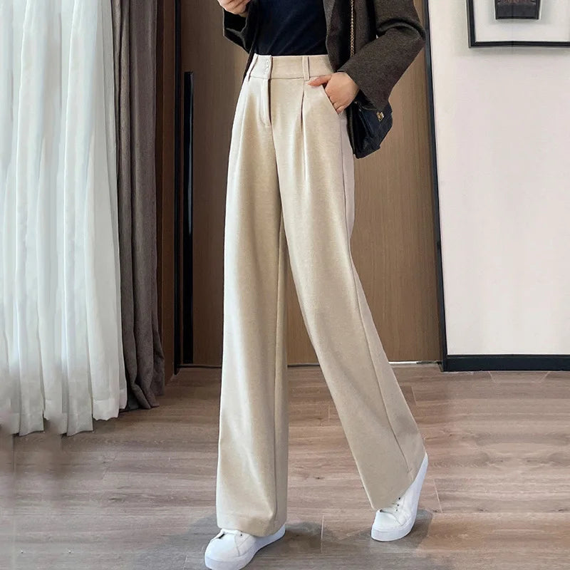 2024 Autunno Inverno Donna Pantaloni di lana concisi Lady Gamba larga Designer Pantaloni esterni Donna Addensare Pantaloni drappeggiati a vita alta