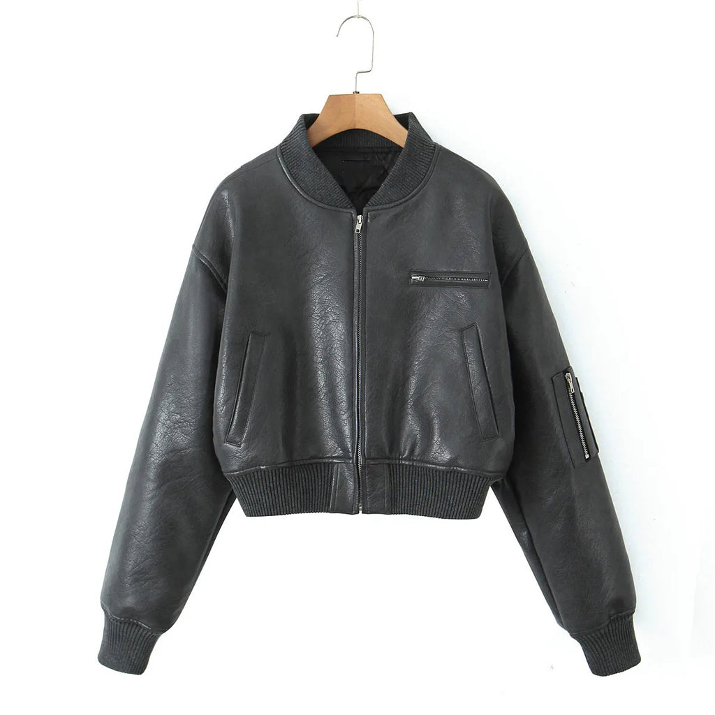 Giacca in Pelle PU Y2K COOL da Donna con Collo a V, Maniche Lunghe, Cerniera, Imbottita, Corta e Larga, Grigia