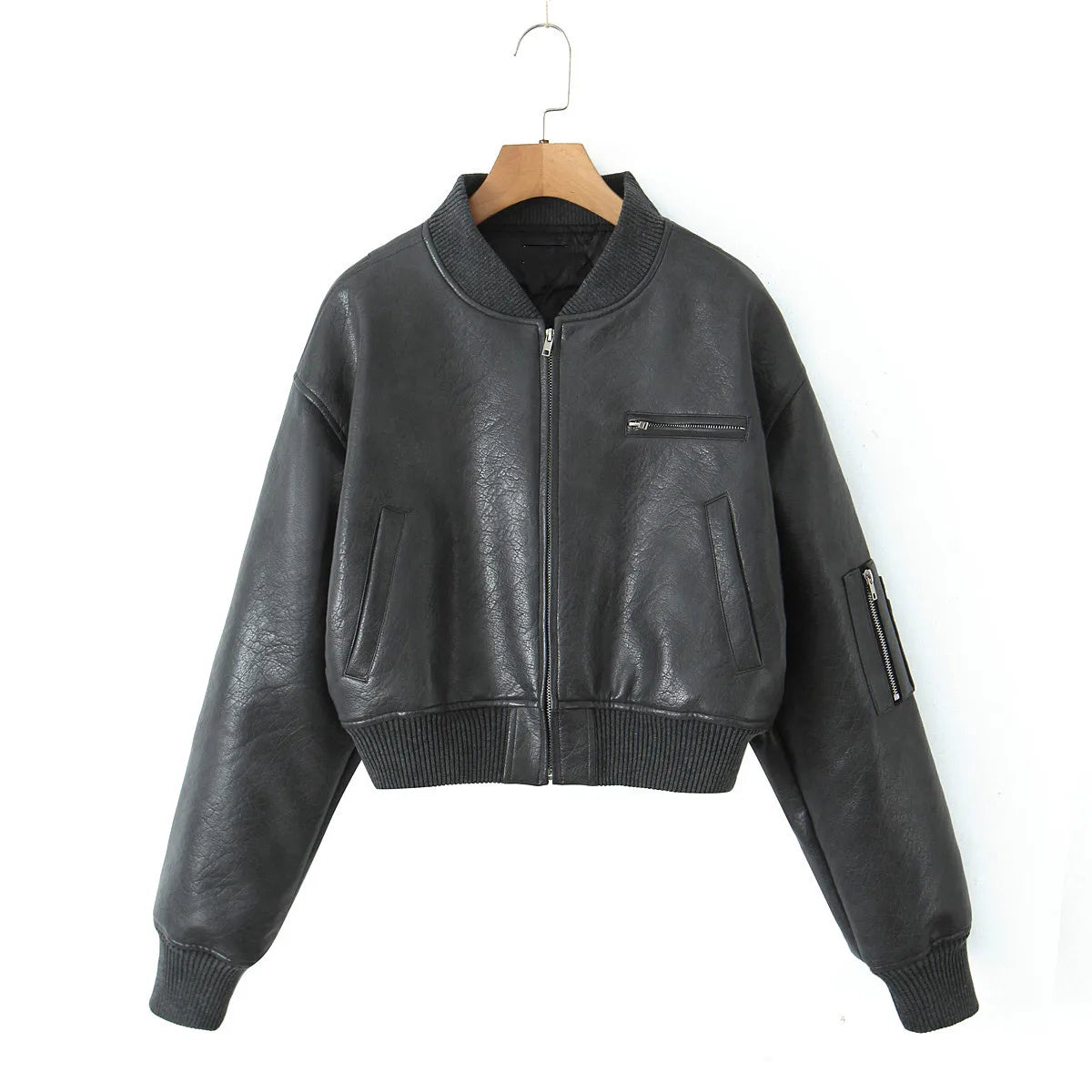 Giacca in Pelle PU Y2K COOL da Donna con Collo a V, Maniche Lunghe, Cerniera, Imbottita, Corta e Larga, Grigia