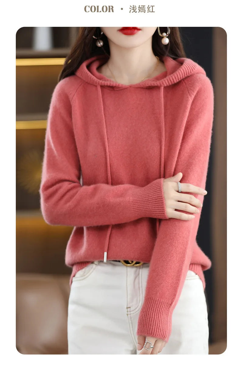 Maglione con cappuccio Moda Donna Autunno Inverno Manica lunga Tinta unita Felpe con cappuccio lavorate a maglia Lady Felpa con cappuccio pullover casual con coulisse allentata