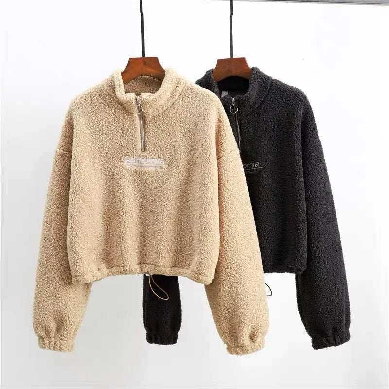 Felpe con cappuccio ritagliate in pile con ricamo a lettera da donna felpe con coulisse a maniche lunghe autunnali nuove magliette Casual in velluto di peluche