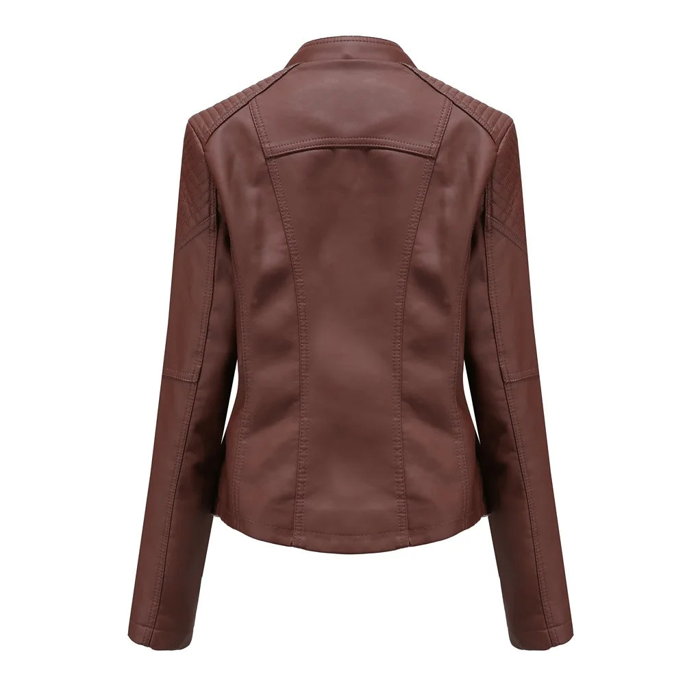 Giacca in Pelle da Donna Primavera/Autunno, Slim Fit, Stile Biker, Cappotto Corto in Ecopelle con Colletto Alto e Cerniera