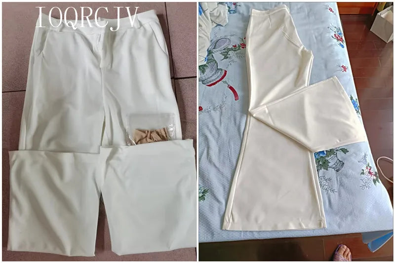 Pantaloni classici a zampa d'elefante bianchi sottili per le donne 2025 Pantaloni estivi a vita alta con fondo a campana sottile Pantaloni da donna da ufficio neri 5XL