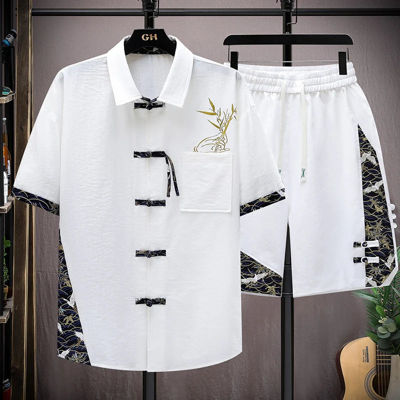 Set estivi uomo moda stampa camicia a maniche corte pantaloncini due pezzi uomo stile cinese Set sciolto Set corto da uomo