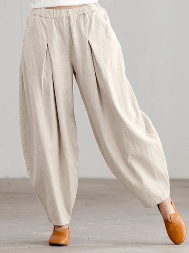ZANZEA Estate Elastico In Vita Solido Pantaloni Donna Casual Pantaloni Larghi Elegante Allentato Gamba Larga Pantalon Vintage Cotone Rapa 2024