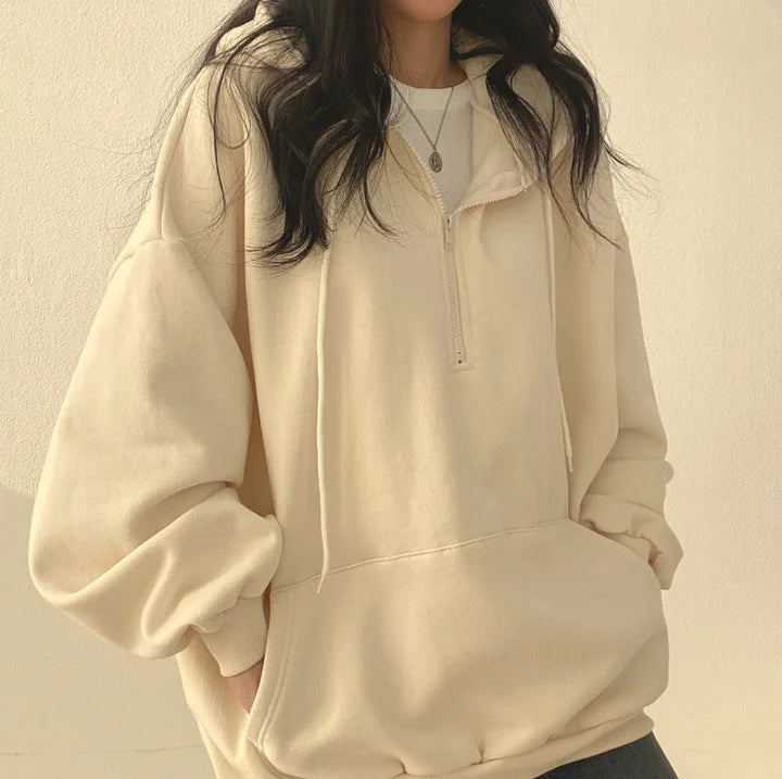 Felpa con cappuccio da donna Harajuku sciolto oversize tinta unita Top mezza Zip felpa donna Casual manica lunga tasca cappotti con cappuccio 2023