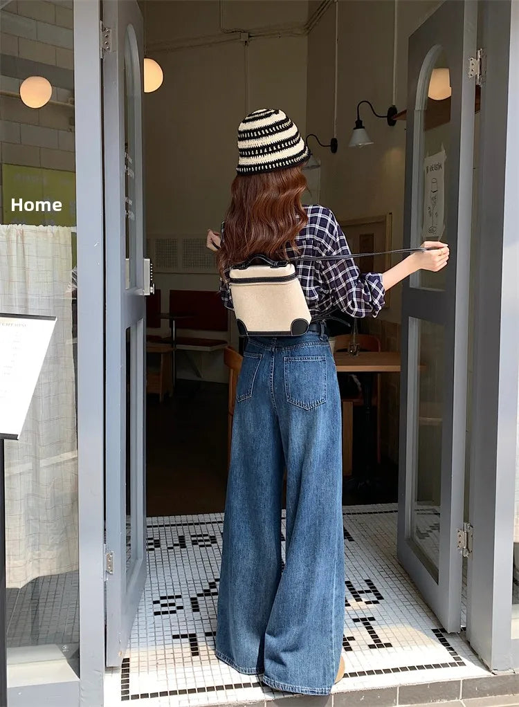 Jeans a Vita Alta Stile Americano, Gamba Larga, per Donna, Autunno Inverno, Vestibilità Comoda, Pantaloni Lunghi, Taglio Dritto, Casual, Denim Blu, Effetto Snellente