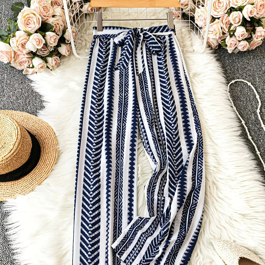 Pantaloni lunghi da spiaggia a gamba larga, stile bohémien, casual ed eleganti, stampati, elasticizzati, a vita alta, modellanti, da donna.
