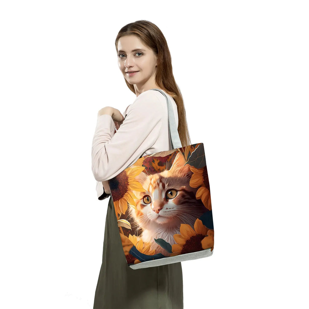 Pretty Cartoon Cat Print borse borse da spiaggia da donna ad alta capacità Cute Animal Graphic Eco borse per la spesa riutilizzabili portatili