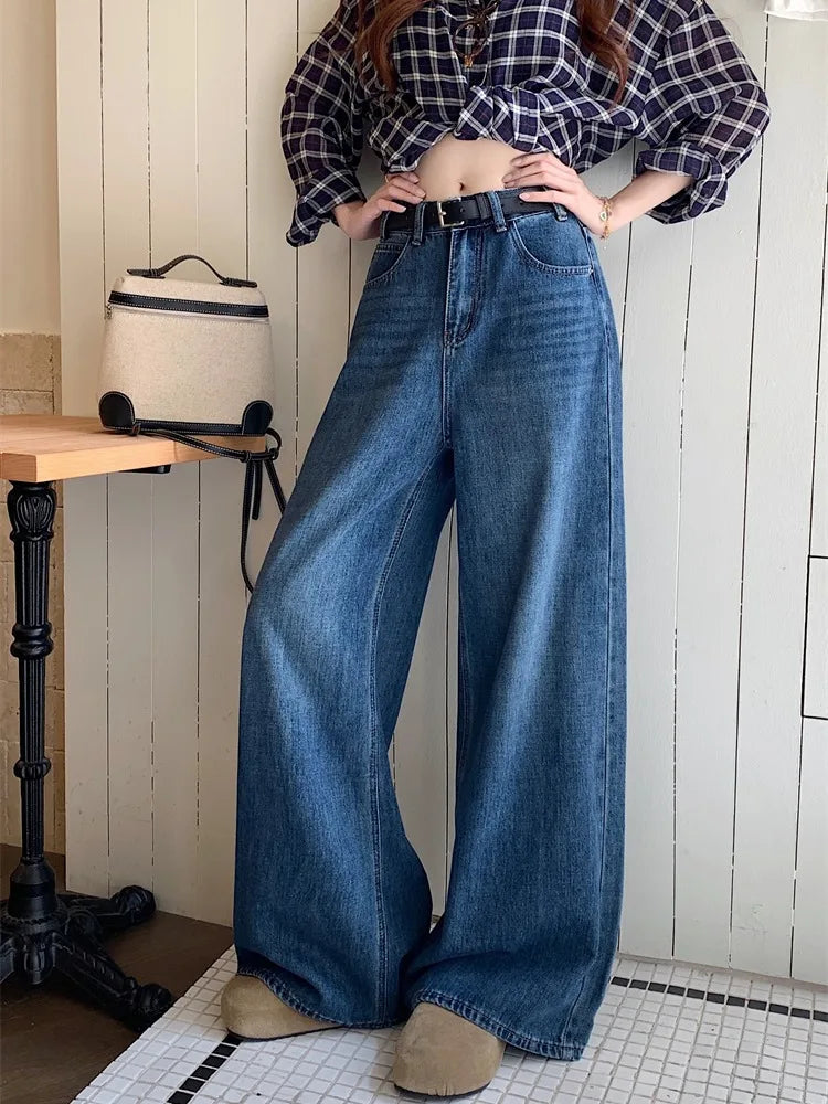Jeans a Vita Alta Stile Americano, Gamba Larga, per Donna, Autunno Inverno, Vestibilità Comoda, Pantaloni Lunghi, Taglio Dritto, Casual, Denim Blu, Effetto Snellente