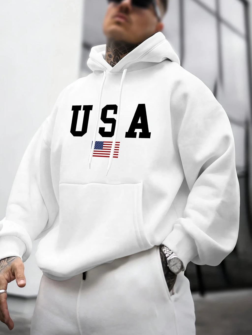 Felpa con Cappuccio da Uomo Autunno-Inverno, Moda Casual, Stampa Grafica Bandiera Americana, Maniche Lunghe, Pullover Caldo