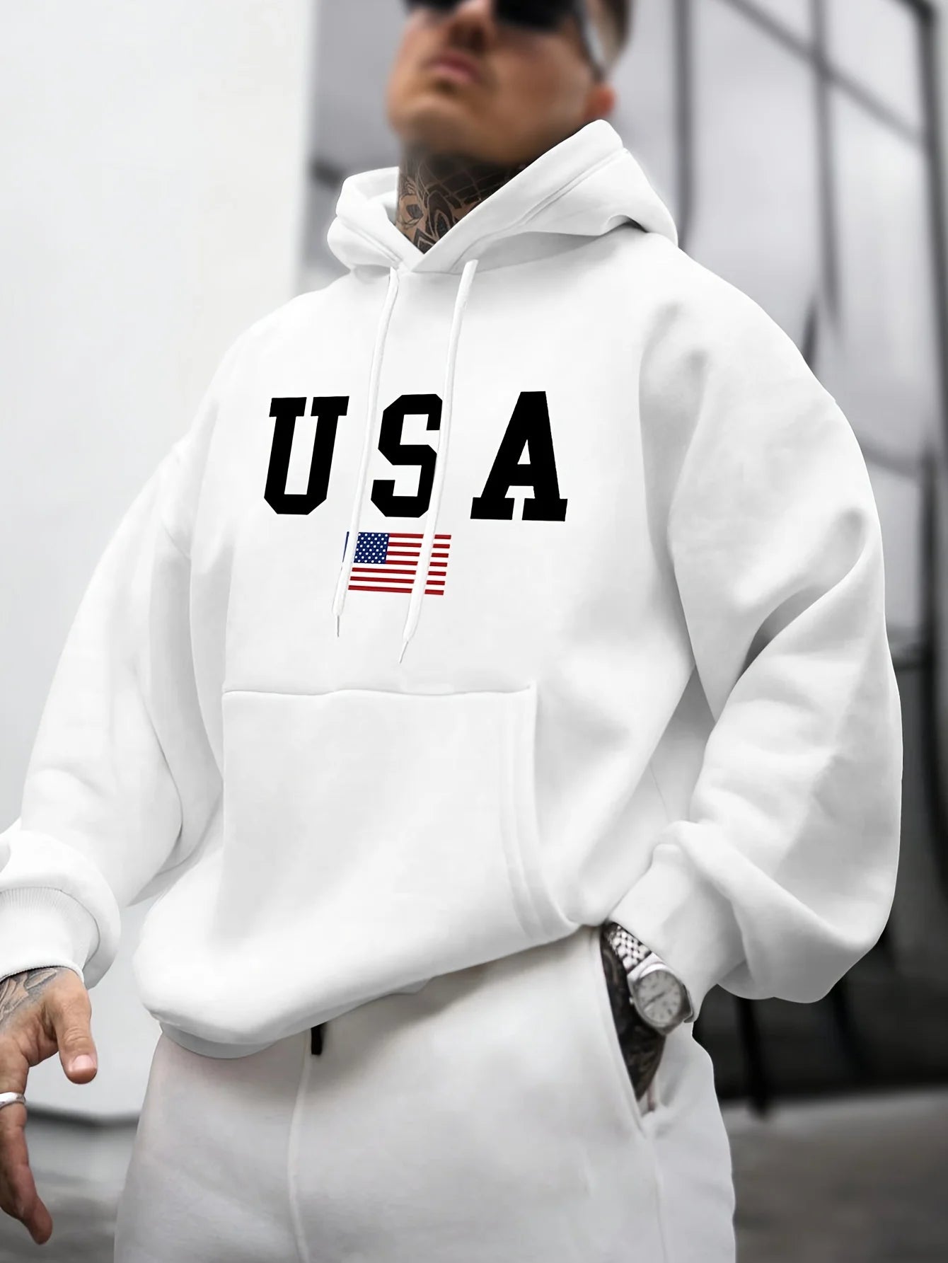 Felpa con Cappuccio da Uomo Autunno-Inverno, Moda Casual, Stampa Grafica Bandiera Americana, Maniche Lunghe, Pullover Caldo