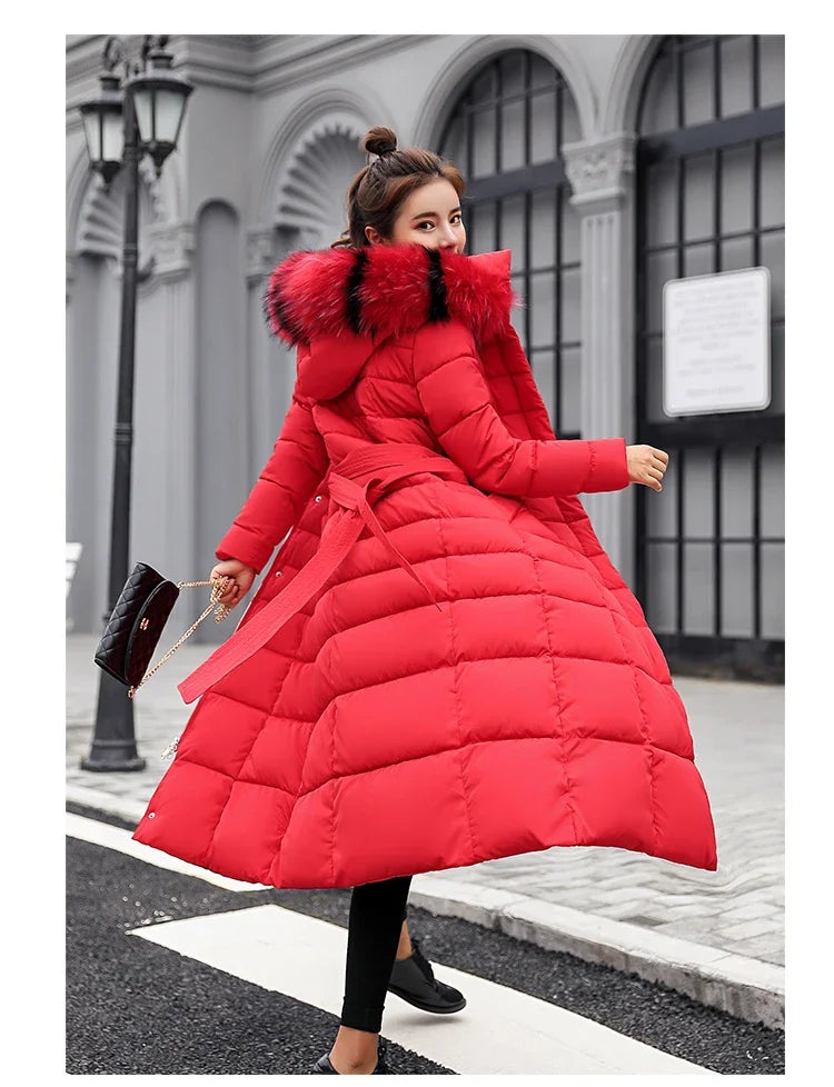 Cappotto Parka lungo in cotone piumino femminile nuovo inverno sopra il ginocchio ampio collo in pelliccia con cappuccio caldo parka spesso soprabito imbottito da donna