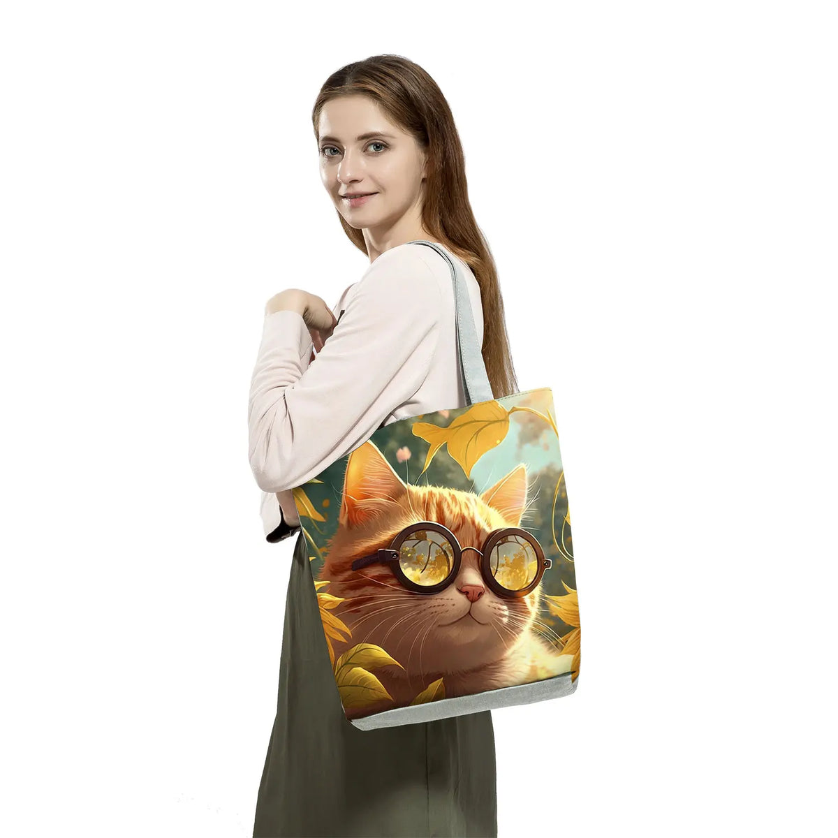 Pretty Cartoon Cat Print borse borse da spiaggia da donna ad alta capacità Cute Animal Graphic Eco borse per la spesa riutilizzabili portatili