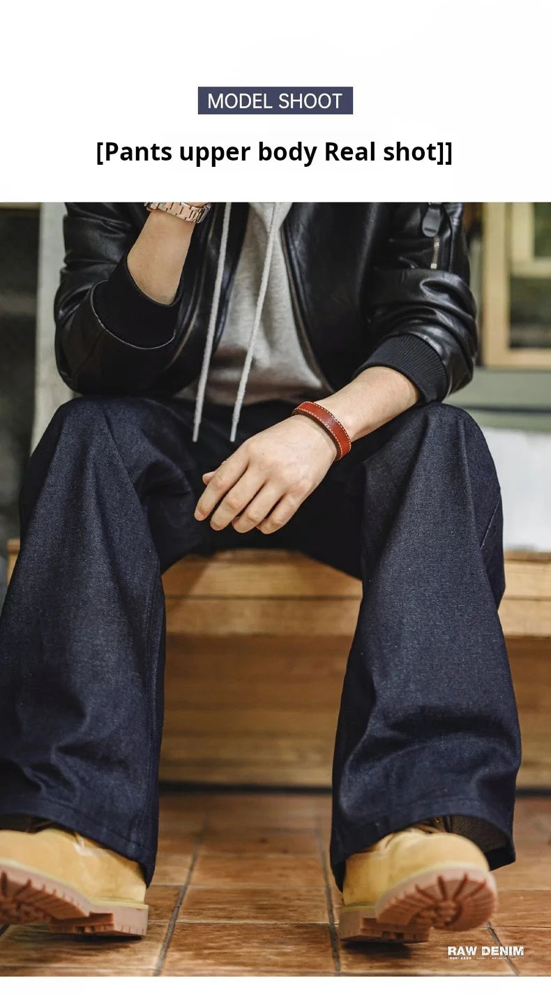 Maden Vintage Jeans da uomo in denim grezzo con cimosa da 15,6 once Pantaloni a gamba larga con cerniera YKK Jeans dritti per l'autunno e l'inverno