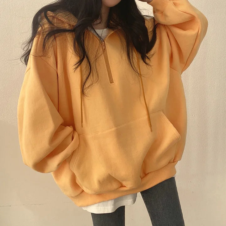 Felpa con cappuccio da donna Harajuku sciolto oversize tinta unita Top mezza Zip felpa donna Casual manica lunga tasca cappotti con cappuccio 2023