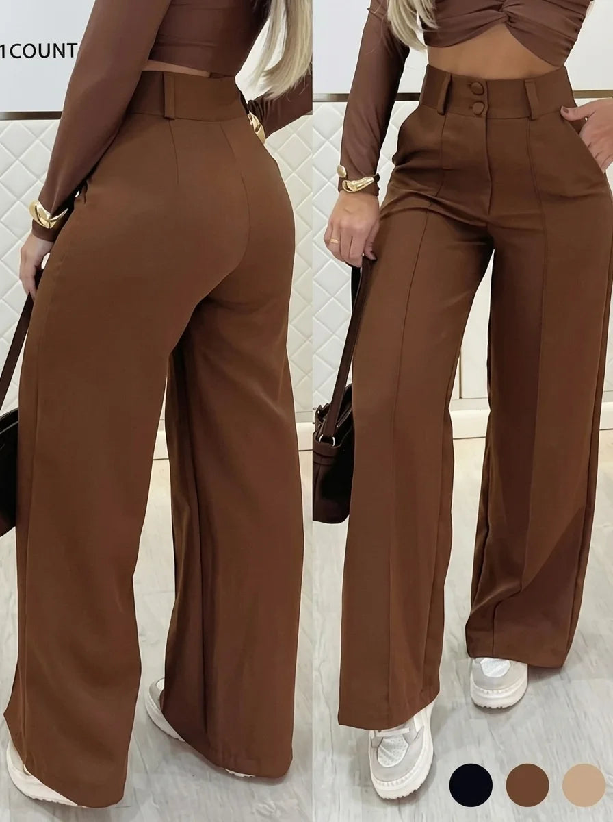 Nuovi Pantaloni da Donna a Vita Alta e Gamba Larga 2026, Pantaloni a Gamba Dritta con Doppio Bottone e Drappeggio Modellante, Pantaloni da Lavoro Casual a Tinta Unita