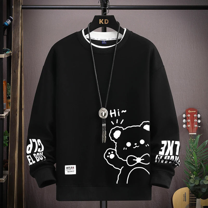 Felpa da uomo Cartoon giapponese Felpe con cappuccio T-shirt a maniche lunghe stampata tigre autunnale Abbigliamento da uomo di moda Cachi O Collo Harajuku Top