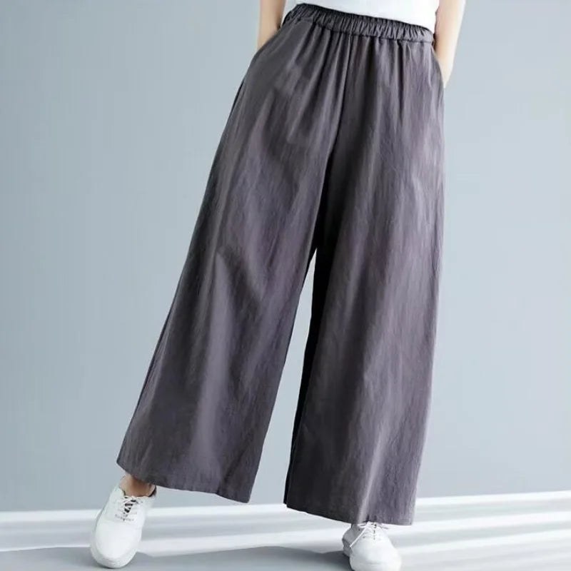 Nuovi pantaloni primaverili da donna in cotone e lino 2026, pantaloni casual a gamba larga autunnali, taglie forti, neri, bianchi, rossi, kaki, 5XL 6XL