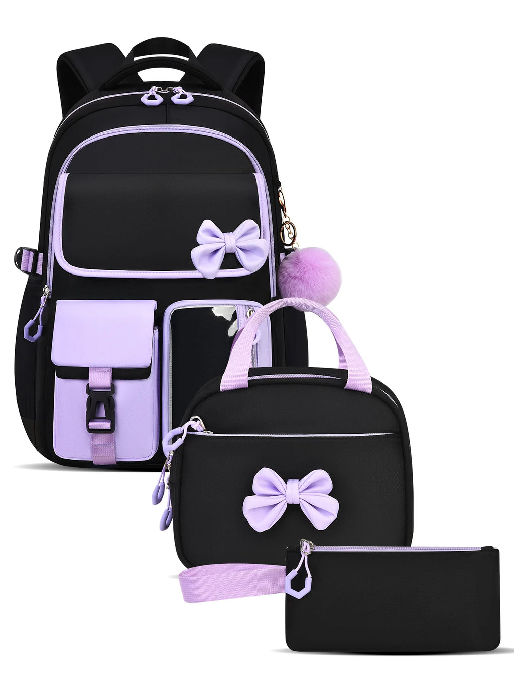 Zaino scolastico elementare multitasche per ragazze, zaino ergonomico impermeabile con fiocco, set di zaini per viaggi all'aperto e uso quotidiano