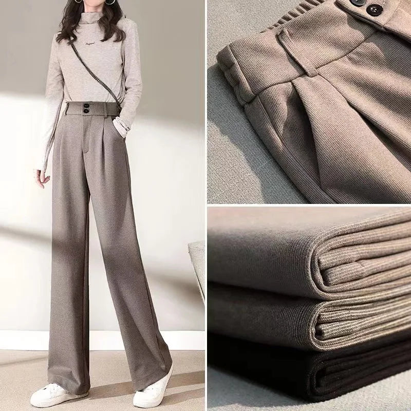 2024 Autunno Inverno Donna Pantaloni di lana concisi Lady Gamba larga Designer Pantaloni esterni Donna Addensare Pantaloni drappeggiati a vita alta