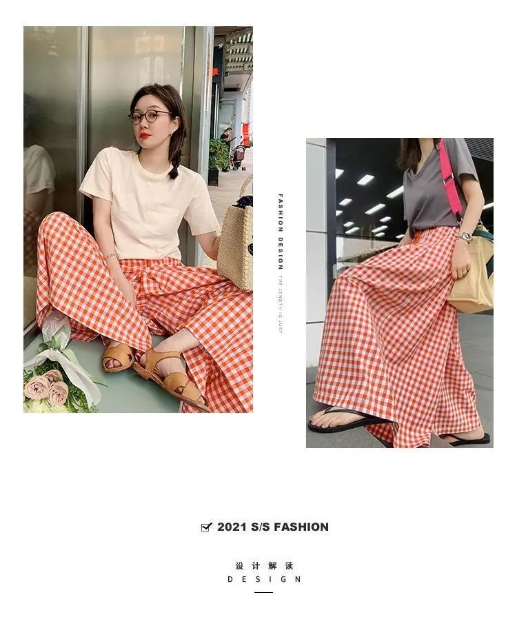 Pantaloni scozzesi a gamba larga da donna Pantaloni larghi stile coreano con pannelli Pantaloni streetwear Pantalones Abbigliamento estivo A-line Adolescenti College