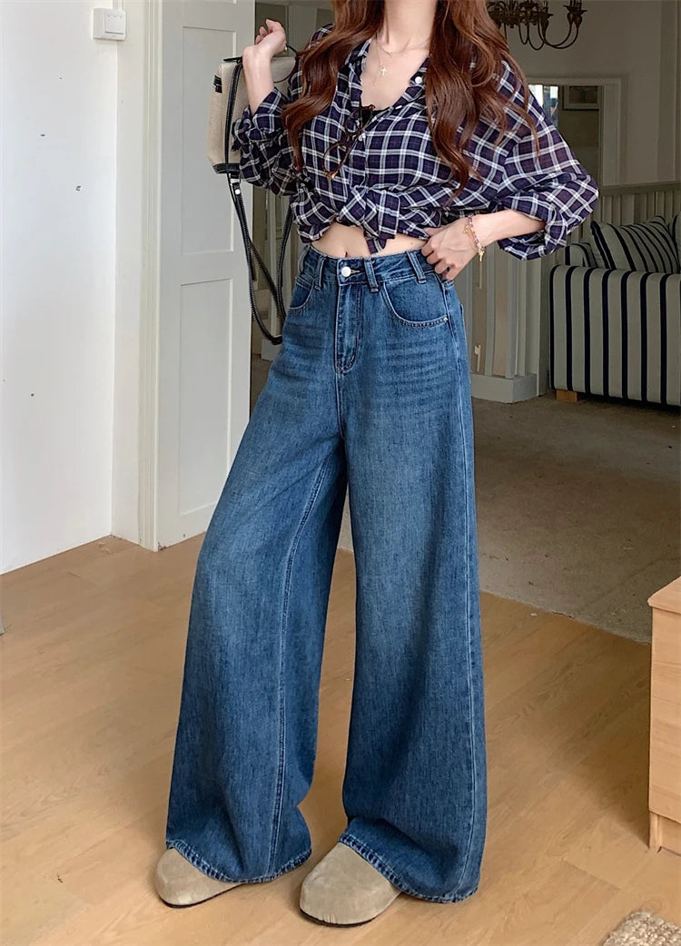 Jeans a Vita Alta Stile Americano, Gamba Larga, per Donna, Autunno Inverno, Vestibilità Comoda, Pantaloni Lunghi, Taglio Dritto, Casual, Denim Blu, Effetto Snellente