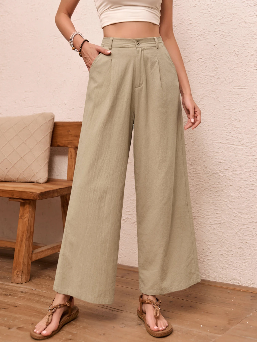 Eleganti Pantaloni Larghi in Lino Tinta Unita per Donne, Vita Alta, Casual Estivi, Morbidi e Snellenti, Lunghi per Primavera e Autunno