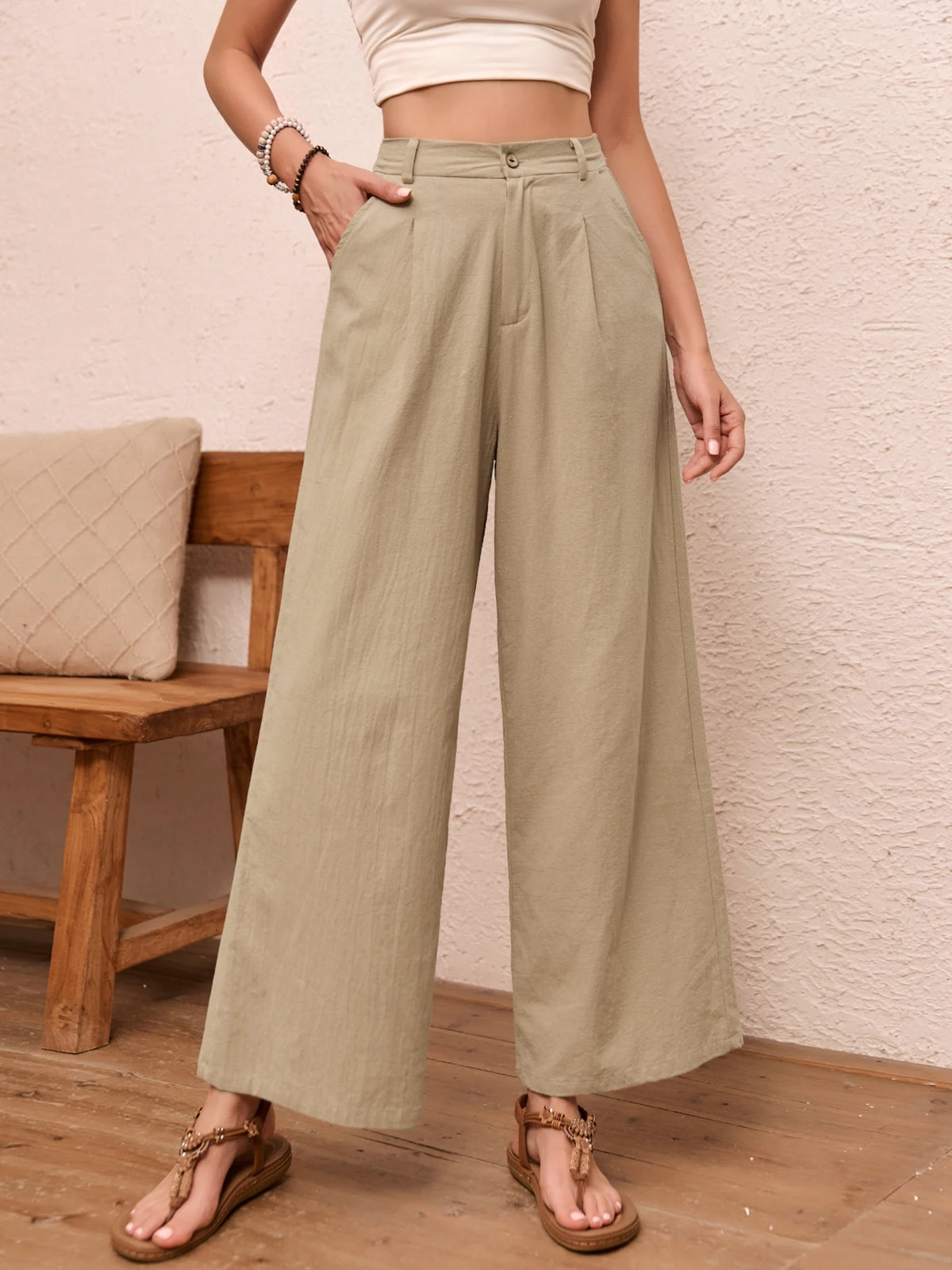 Eleganti Pantaloni Larghi in Lino Tinta Unita per Donne, Vita Alta, Casual Estivi, Morbidi e Snellenti, Lunghi per Primavera e Autunno