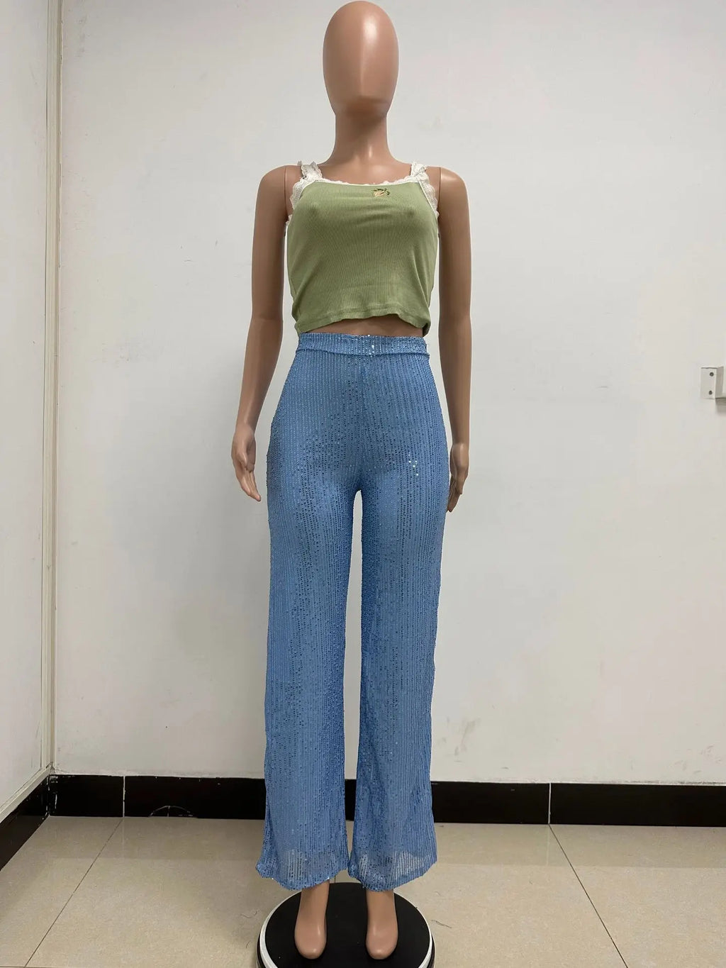 Pantaloni da donna, abbigliamento femminile, vestiti alla moda, pantaloni casual con paillettes, pantaloni eleganti, ampi e fluidi, a gamba larga, hwy5623