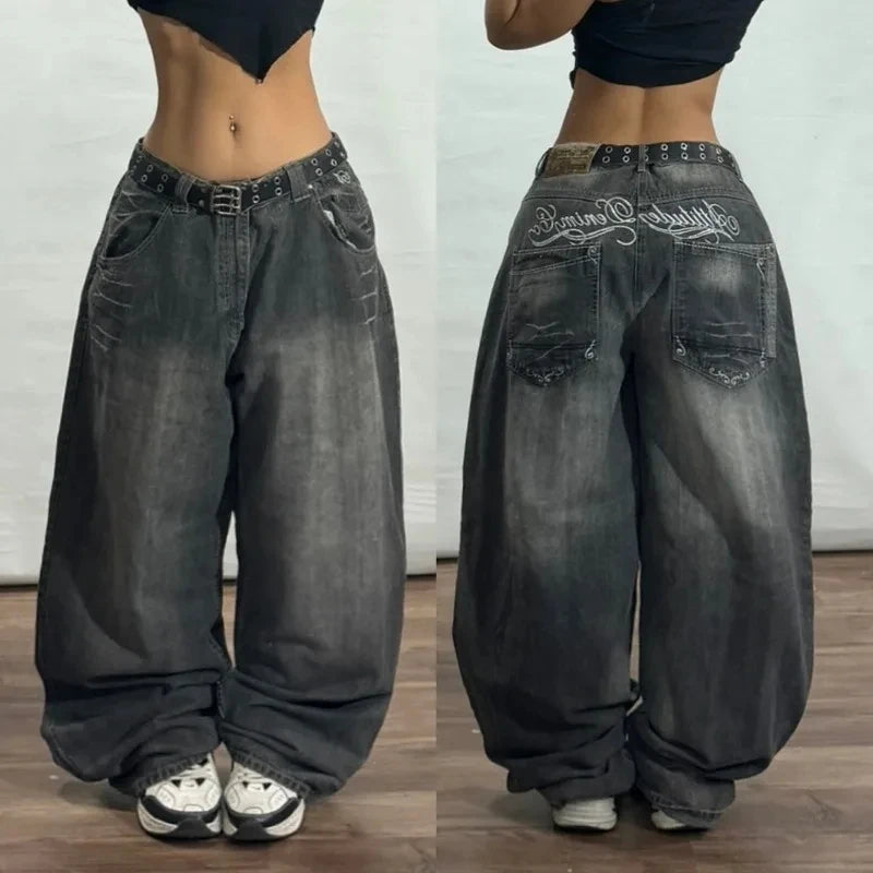 American New Fashion Modello geometrico Jeans larghi ricamati Donna Y2K Harajuku Vintage Hip-hop Pantaloni larghi casual popolari