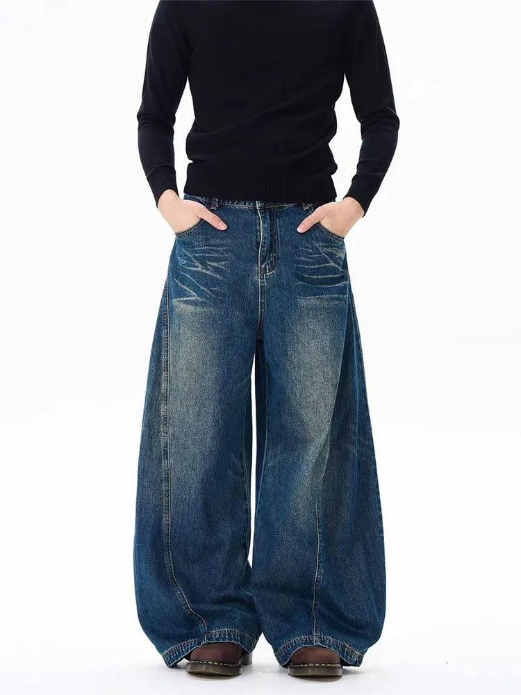 Jeans Baggy Vintage Neri Lavati da Uomo, Pantaloni a Gamba Larga con Taglio Curvo, Streetwear, Stile Cowboy, Casual, in Denim, a Gamba Dritta