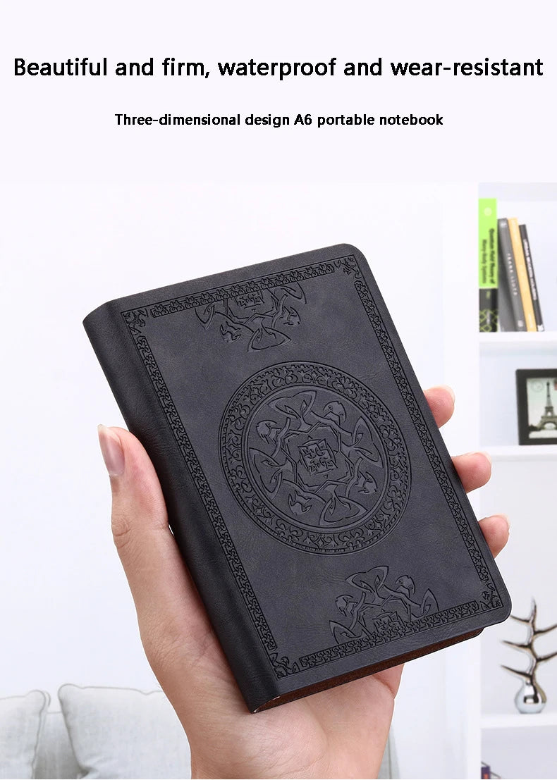 A6 Retro Style Pocket Type Mini Notebook Stamping Process Artificial PU Leather Writing Book Portable Notepad Office Bookkeeping