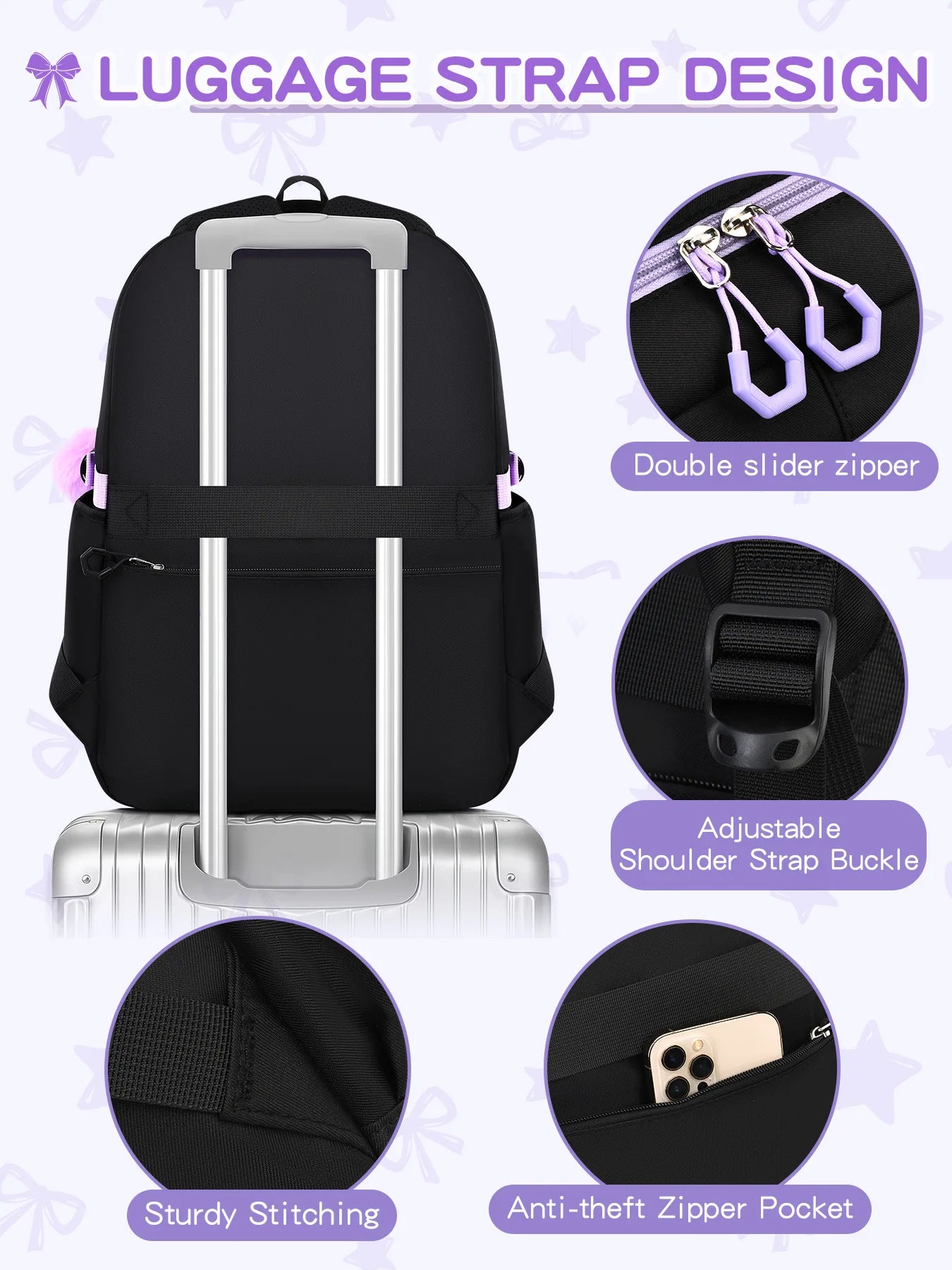 Zaino scolastico elementare multitasche per ragazze, zaino ergonomico impermeabile con fiocco, set di zaini per viaggi all'aperto e uso quotidiano