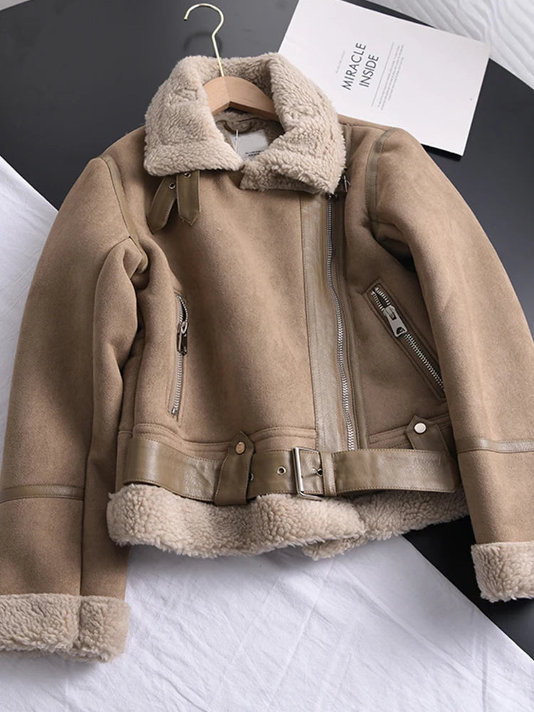Ailegogo Giacca invernale da donna in pelle scamosciata calda e spessa, corta da motociclista, cappotti marroni, giacche in pelle di montone finto shearling, capispalla