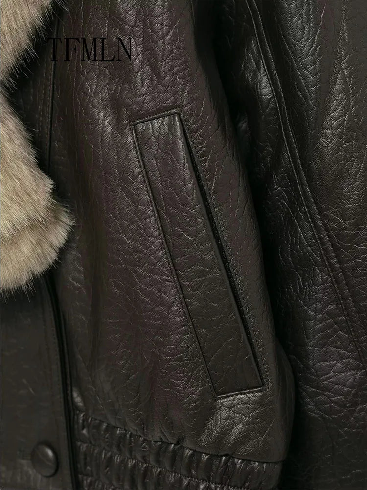 TFMLN 2025 Donne di Inverno Allentato Giacca In Ecopelle Moda Rimosso Grande Collo di Pelliccia Cappotto Causale High Street Doppio Petto Outwear