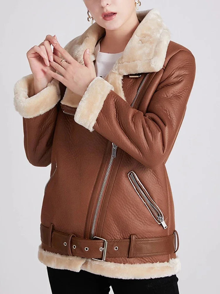 Ailegogo Cappotti Invernali Donna Spessa Pelliccia Sintetica Cappotto di Pelle di Pecora Pelliccia Femminile Giacca Impiombata Aviatore Outwear Casaco Feminino