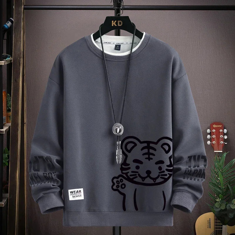 Felpa da uomo Cartoon giapponese Felpe con cappuccio T-shirt a maniche lunghe stampata tigre autunnale Abbigliamento da uomo di moda Cachi O Collo Harajuku Top