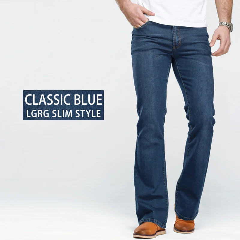 Jeans da uomo con taglio a stivale Pantaloni slim fit blu neri leggermente svasati Pantaloni classici in denim elasticizzato da uomo firmati