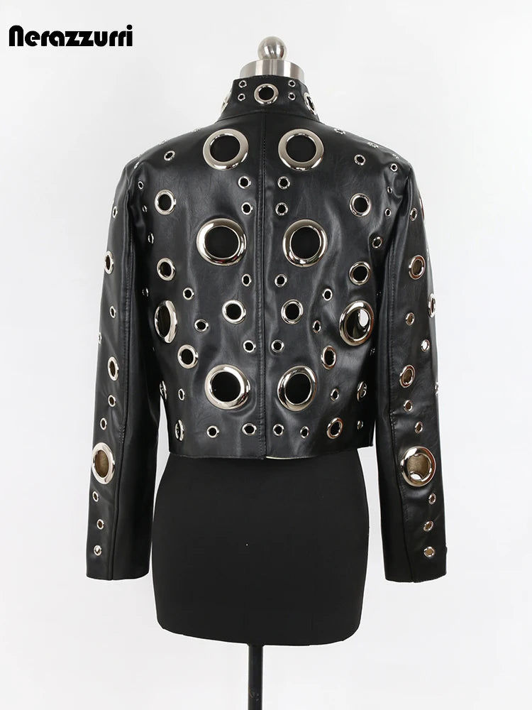 Nerazzurri primavera autunno corto scava fuori giacca in pelle Pu donna rivetto fresco elegante Designer di lusso vestiti pista moda 2024
