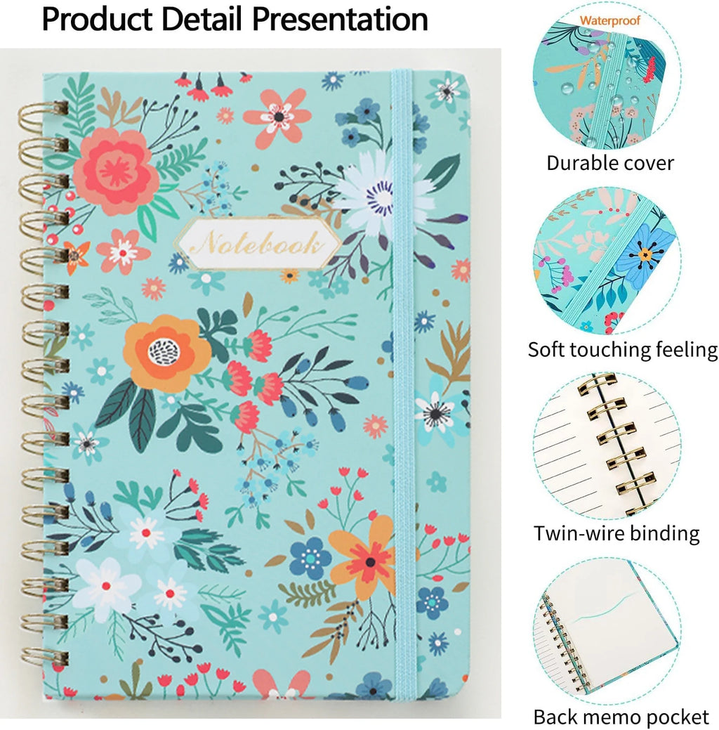 Spiral Notebook, Women's Diary, Hardcover Spiral Diary, 5.5 X 8.3inch, 160 Pages, Cute Flowers, Back Pockets, 100Gsm Paper for Gifts, Work, Office and School Supplies