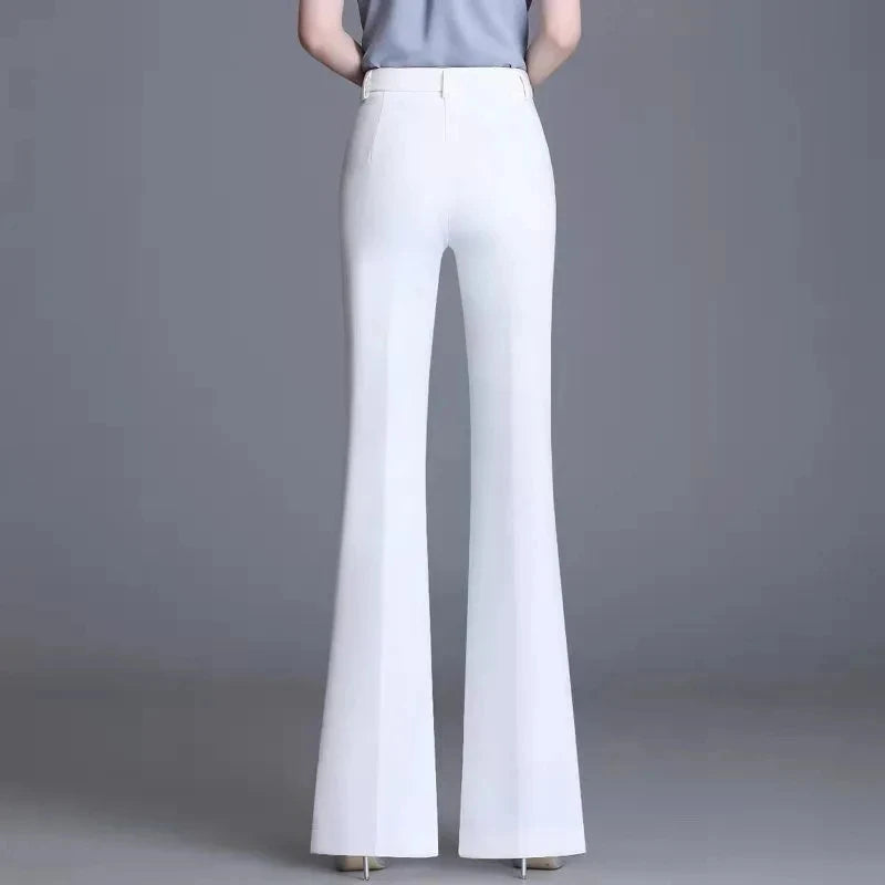 Pantaloni classici a zampa d'elefante bianchi sottili per le donne 2025 Pantaloni estivi a vita alta con fondo a campana sottile Pantaloni da donna da ufficio neri 5XL