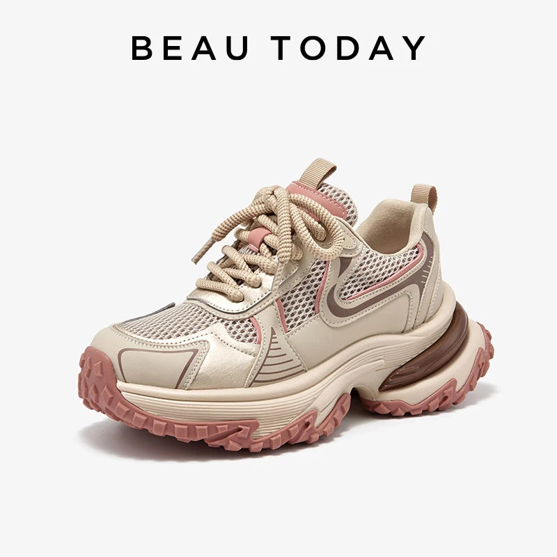 BEAUTODAY Chunky Sneakers Women Mesh Solid Color Patchwork Thick Sole Lace-up 2024 Spring Female Leisure Shoes Handmade 29A03